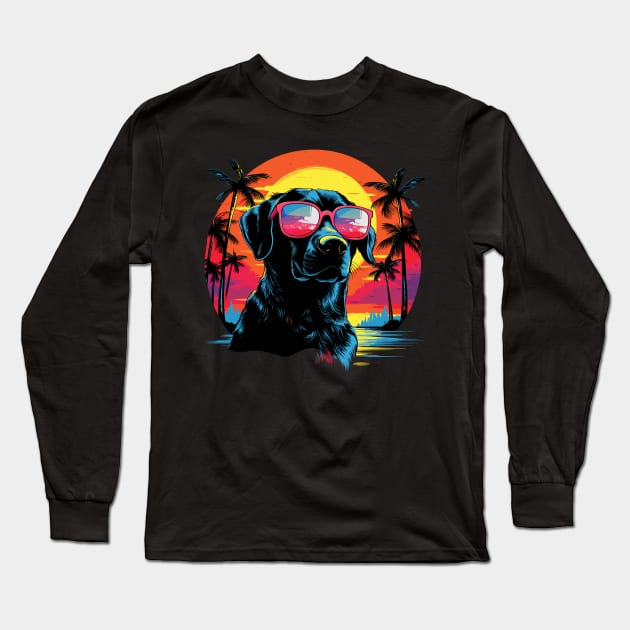 Retro Wave Labrador Dog Shirt Long Sleeve T-Shirt by Miami Neon Designs